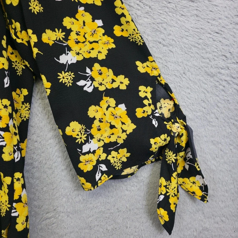 Michael Kors Top Womens L Black Yellow Tie Sleeve Floral Colorful Resort Elegant